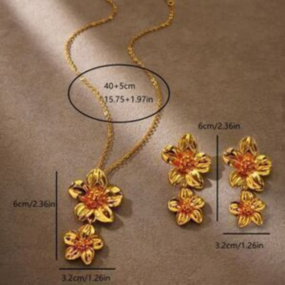 Pink?Flower Necklace?With Matching Pink Flower Drop?Earrings